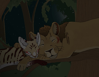 ambiguous_gender black_nose brown_collar brown_mane brown_markings brown_nose collar cuddling detailed_background duo eyes_closed feral fur grey_inner_ear_fluff in_tree inner_ear_fluff leaf mane markings night outside paws plant red_inner_ear red_markings romantic romantic_couple sky sleeping snout spots spotted_markings star striped_markings stripes tan_body tan_fur tan_inner_ear_fluff tree tuft whiskers white_inner_ear sebdoggo cricket_(vela-novae) felid feline lion mammal pantherine serval 2014 aliasing cel_shading digital_drawing_(artwork) digital_media_(artwork) microsoft_paint_(artwork) shaded