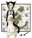 ambiguous_gender anthro ball bell brown_eyes clothing collar duo feral footprint holding_ball holding_object jumper pawprint paws soccer soccer_ball sport sweater tail topwear yellow_eyes unknown_artist domestic_cat felid feline felis mammal