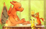 anthro bathing beverage biped casual_nudity fur group holding_beverage holding_object male multi_tail nude orange_body orange_fur partially_submerged sitting size_difference tail trio yellow_body donkeyramen nintendo pokemon buizel charizard generation_1_pokemon generation_4_pokemon pikachu pokemon_(species) 2021 hi_res