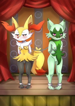 anthro bdsm blush bondage bound breasts chain chained collar curtains_open duo feet female fur genitals green_body green_fur multicolored_body multicolored_fur nipples nude pink_eyes red_eyes slave small_breasts stage vulva yellow_body yellow_fur the_dark_mangaka nintendo pokemon braixen canid canine felid feline floragato generation_6_pokemon generation_9_pokemon mammal pokemon_(species) digital_drawing_(artwork) digital_media_(artwork) hi_res