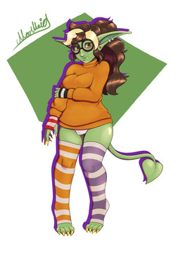 breasts brown_eyes brown_hair bulge clothing eyewear glasses gloves green_body gynomorph hair handwear humanoid_pointy_ears intersex legwear not_furry orange_clothing orange_shirt orange_topwear pattern_clothing pattern_legwear pattern_stockings pointy_ears ponytail round_glasses shirt simple_background smile solo spade_tail stockings striped_clothing striped_legwear striped_stockings stripes tail topwear underwear moomaid lazhannya goblin humanoid 2023 absurd_res digital_media_(artwork) hi_res