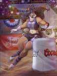 action_pose advertisement anthro athletic athletic_female audience barrel_racing black_hair bra breasts bridle brown_body brown_fur camera_flash clothing female flowing_mane fur group hair hooves horse_ears horse_tail mane navel pose purple_clothing racing rodeo solo sport sports_bra underwear apexz0ne equid equine horse mammal hi_res
