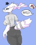 angry anthro bottomwear breasts butt clothing dialogue eyewear female glasses pants pouting ring shirt solo topwear cool_cola nintendo pokemon generation_5_pokemon legendary_pokemon pokemon_(species) reshiram zoroark