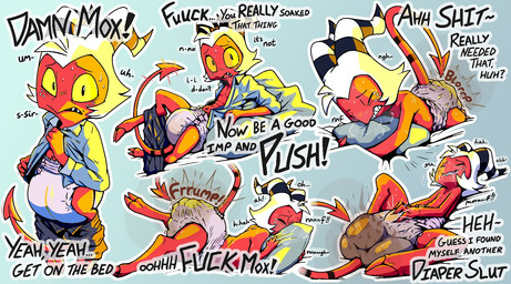 anthro blorp bodily_fluids bottomwear bottomwear_down breath clean_diaper clothed clothing dialogue diaper diaper_masturbation diaper_only drooling embarrassed feces genital_fluids hair holding_object holding_pillow horn lying male masturbation moan multiple_poses off-screen offscreen_male on_back on_front open_clothing open_mouth open_shirt open_topwear pants pants_down partially_clothed pillow pooping pose profanity raised_tail red_body requesting rubbing_diaper saliva scrunchy_face shirt simple_background smelly soiled_diaper soiling soiling_diaper solo sound_effects standing stink_cloud stink_fumes stink_lines striped_horn stripes sweat tail text topless topwear unclean_diaper urine used_diaper using_diaper wearing_diaper wet_diaper white_hair tyggles_(artist) hellaverse helluva_boss moxxie_(helluva_boss) demon humanoid imp digital_media_(artwork) english_text hi_res multiple_images