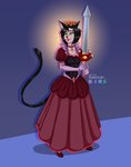 anthro clothed clothing crown dress female gloves hair handwear headgear holding_object holding_weapon jewelry melee_weapon necklace queen royalty simple_background smile solo sword weapon rekzzan moira_(casitoarroyo) domestic_cat felid feline felis mammal absurd_res hi_res