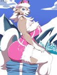2017 absurd_res anthro anthrofied big_breasts biped black_lips blue_eyes breasts canid canine christmas clothed clothing female generation_7_pokemon hi_res holidays huge_breasts lips looking_at_viewer lycanroc mammal midday_lycanroc nintendo nipple_outline plankboy pokemon pokemon_(species) pokemorph sitting smile solo thick_thighs