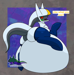 belly big_belly blush butt clothing feral footwear huge_belly legwear looking_at_viewer male open_mouth overweight overweight_male red_eyes simple_background smile socks solo stockings stuffing tail text weight_gain white_body arceus_tummy nintendo pokemon arceus generation_4_pokemon legendary_pokemon pokemon_(species) absurd_res hi_res