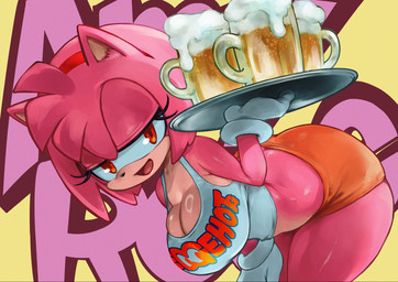 accessory alcohol anthro beer beer_mug bent_over beverage big_breasts black_nose bottomwear breasts cleavage clothed clothing female fully_clothed gloves hair hair_accessory hairband half-closed_eyes handwear holding_tray looking_at_viewer midriff narrowed_eyes open_mouth open_smile orange_bottomwear orange_clothing orange_eyes orange_shorts pink_hair shirt short_hair shorts smile solo tank_top text text_on_clothing text_on_shirt text_on_topwear topwear waiter waitress_uniform white_clothing white_gloves white_handwear white_shirt white_tank_top white_topwear kyugata sega sonic_the_hedgehog_(series) amy_rose eulipotyphlan hedgehog mammal 2026 hi_res