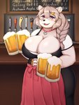 accessory alcohol anthro apron bar barmaid beer beer_mug beverage big_breasts black_clothing black_dress black_nose blush braided_hair braided_ponytail breasts cleavage clothed clothing detailed_background dirndl dress eyewear female fully_clothed fur glasses grey_hair hair hair_accessory hairclip holding_beverage holding_glass holding_object huge_breasts inside jewelry kemono long_hair looking_at_viewer menu necklace open_mouth open_smile pince-nez ponytail purple_eyes side_ponytail smile solo standing text waiter white_body white_fur wide_hips shibaemonxsk bear mammal 3:4 english_text hi_res