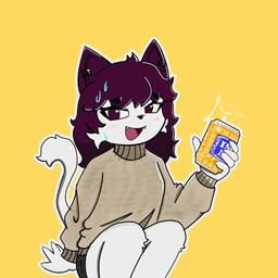 anthro biped black_bottomwear black_clothing black_outline black_shorts blush bodily_fluids bottomwear can clothed clothed_female clothing container fangs female fully_clothed fully_clothed_female fur hair looking_at_viewer open_mouth outer_highlight outline purple_hair shorts simple_background sitting solo sweat sweater tail teeth topwear white_body white_fur white_outline white_tail yellow_background mark281 inca_kola ava_(mark281) domestic_cat felid feline felis mammal 1:1
