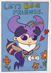 female flower hair heart_symbol holidays looking_at_viewer plant purple_hair solo valentine's_day_card unknown_artist valentine's_day q-bee arthropod bee humanoid hymenopteran insect monster official_art