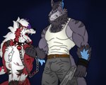 anthro blood blood_splatter bodily_fluids chain collar criminal duo feral gun male male/male rabies ranged_weapon weapon nicolasthewolf nintendo pokemon generation_7_pokemon lycanroc midnight_lycanroc pokemon_(species) tufflaze 5:4