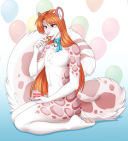 4_toes 5_fingers anthro balloon bell cake dessert feet femboy fingers food fur hair heterochromia inflatable long_hair long_tail male nude orange_hair pawpads paws pink_body pink_fur ribbons smile solo tail toes accelo accelo_(character) felid leopard mammal pantherine digital_media_(artwork) hi_res