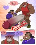 4:5 anthro balls bear big_balls big_penis blush bulge comic dialogue duo english_text erection genitals hi_res huge_balls huge_penis hyper hyper_balls hyper_genitalia hyper_penis interval male male/male mammal measuring muscular penis suid suina sus_(pig) text wild_boar