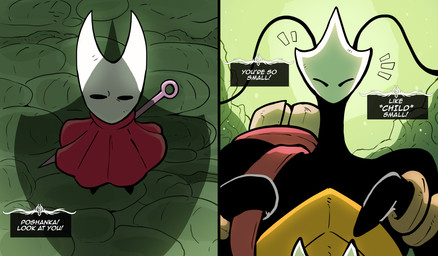 anthro black_arms black_legs bracelet cloak cloak_only clothing duo female hornet's_needle jewelry larger_female looking_at_another size_difference smaller_female speech_bubble text weapon ceehaz hollow_knight:_silksong hollow_knight_(franchise) team_cherry hornet_(hollow_knight) shakra_(hollow_knight:_silksong) arthropod insect absurd_res english_text hi_res