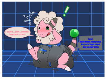 ambiguous_gender anthro blush blush_lines border clothed clothing color_coded color_coded_speech_bubble color_coded_text dialogue diaper diaper_only exclamation_point feces floor fur green_eyes grey_body grey_fur hand_on_head mouth_scar multicolored_body multicolored_fur on_one_leg open_mouth pink_body pink_fur pooping progress_bar progress_display punishment soiled_diaper soiling soiling_diaper solo speech_bubble standing striped_ears surprised tan_body tan_fur tan_wool text three-quarter_view tile tile_floor tile_wall topless unclean_diaper used_diaper wall_(structure) wearing_diaper white_border wool_(fur) tenerius nintendo pokemon flaaffy generation_2_pokemon pokemon_(species) 2024 absurd_res english_text full-length_portrait hi_res portrait
