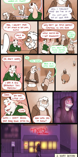 anthro antlers bottomless clothed clothing dialogue ear_piercing female flashback food_court food_tray hoodie horn male nervous piercing text topwear themuffinly jill_(themuffinly) muffin_(themuffinly) winnie_(themuffinly) domestic_ferret jackalope lagomorph leporid mammal mustelid musteline rabbit true_musteline weasel comic english_text hi_res