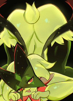 :3 anthro ass_up blush female green_body looking_at_viewer lying on_front red_eyes scut_tail short_tail solo sparkles tail chunniwa nintendo pokemon felid generation_9_pokemon mammal meowscarada pokemon_(species) absurd_res hi_res