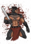 abs anthro blood bodily_fluids bottomwear clothing facial_piercing horn loincloth male melee_weapon muscular muscular_anthro muscular_male navel nipples nose_piercing nose_ring open_mouth piercing ring_piercing septum_piercing simple_background solo sword teeth tongue weapon dognextdoor bovid bovine cattle mammal