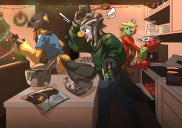 anthro appliance apron baking beak bottomless christmas_decorations christmas_tree clothed clothing cookie cooking eating egg feathers food gingerbread_man group holidays kitchen kitchen_appliance magazine male oven plant porn_magazine pornography tree wings chalk_outline christmas accipitrid accipitriform avian bird goshawk parrot pitohui hi_res