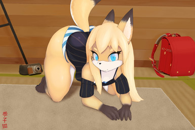 all_fours anthro backpack barefoot bedroom bent_over big_butt blonde_hair blue_clothing blue_eyes blue_panties blue_underwear bottomwear brown_body brown_fur butt camera carpet clothing countershading detailed_background feet female flat_chested fur hair hindpaw inside kemono loli long_hair looking_at_viewer orange_body orange_fur panties pasties pattern_bottomwear pattern_clothing pattern_panties pattern_underwear paws pencil_case school_bag solo striped_bottomwear striped_clothing striped_panties striped_underwear stripes tatami text thick_thighs topwear tripod underwear white_body white_clothing white_panties white_underwear wide_hips yellow_body yellow_fur young young_anthro young_female kyoukogitsune kyouko canid canine fox mammal artist_name detailed digital_drawing_(artwork) digital_media_(artwork) hi_res shaded signature