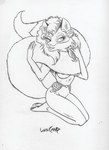 absurd_res anthro breasts canid canine dipstick_tail ear_piercing ear_ring female fox fur greyscale hair hi_res mammal markings monochrome multicolored_tail piercing ring_piercing solo susan_van_camp tail tail_markings traditional_media_(artwork) under_boob