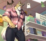 anthro bottomwear clothing fur furniture halloween_decoration inside male pants shelf shirt solo tail topwear yellow_body yellow_fur purtropos northern_lights_(visual_novel) vincent_(northern_lights) canid canine canis mammal wolf 2023 absurd_res hi_res