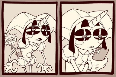 1_horn 4_fingers biped catchphrase cellphone clothed clothed_female clothed_humanoid clothing electronics exclamation_point female female_humanoid fingers fool's_hat gloves hair handwear hat headgear headwear horn interjection jester looking_at_cellphone looking_at_object looking_at_phone narrowed_eyes no_pupils noseless phone pinwheel_eyes pointy_speech_bubble rosy_cheeks self-parody slim slim_female slim_humanoid smartphone solo speech_bubble standing text two_panel_image unicorn_horn unusual_eyes gooseworx glitch_productions the_amazing_digital_circus pomni_(tadc) horned_humanoid humanoid 2024 comic english_text hi_res