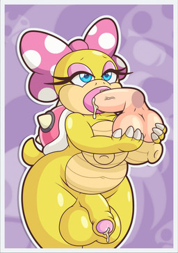 accessory anthro anthrofied ball_fondling balls big_balls big_breasts big_penis bodily_fluids bow_(feature) bow_accessory bow_ribbon breasts centered_hair_bow cum cum_in_mouth cum_inside disembodied_penis duo eyelashes eyeshadow fellatio flaccid fondling foreskin genital_fluids genitals gynomorph hair_accessory hair_bow hair_ribbon humanoid_genitalia humanoid_penis intersex intersex/male leaking_cum lidded_eyes lips lipstick makeup male non-mammal_breasts oral penile penis ribbons sex shortstack shortstack_gynomorph shortstack_intersex solo_focus thick_lips thick_thighs vein wide_hips yellow_body thisnameistaken mario_bros nintendo koopaling wendy_o._koopa koopa scalie 2021 digital_media_(artwork) hi_res