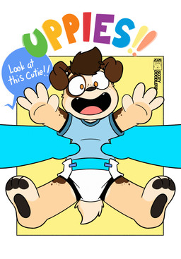 anthro clothed clothing diaper happy male smile solo speech_bubble text topwear uppies wearing_diaper young young_anthro conditional_dnp scoty_doodlerz baltnwolf_(character) canid canine mammal hi_res