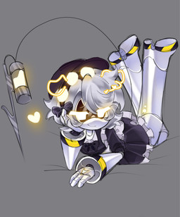 bedroom_eyes bow_ribbon clothing crossed_legs femboy grey_background grey_hair hair hat hazard_stripes headgear headwear heart_symbol legs_up looking_at_viewer lying machine maid_uniform male narrowed_eyes neon on_front screen_eyes seductive sharp_tail simple_background smile smiling_at_viewer solo syringe_tail tail uniform white_body yellow_eyes rarapupi glitch_productions murder_drones n_(murder_drones) disassembly_drone humanoid robot robot_humanoid tailed_humanoid hi_res