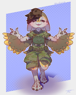 anthro avian_feet biped brown_body brown_feathers brown_hair cheek_tuft claws clothed clothing countershade_face countershading facial_tuft feathered_wings feathers grey_body grey_countershading grey_feathers hair humor looking_at_viewer male military_jacket military_uniform open_mouth open_smile pawpads plushie short_hair smile solo text tongue tuft uniform winged_arms wings xperimentss avali 2025 4:5 absurd_res english_text hi_res