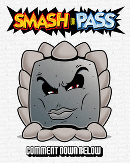 ambiguous_gender black_eyebrows eyebrows eyelashes grey_body grey_lips half-closed_eyes lips looking_at_viewer narrowed_eyes red_eyes simple_background solo spiked_body spikes spikes_(anatomy) text text_background white_background downrightshoddy mario_bros mewing_(meme) nintendo thwomp 4:5 absurd_res english_text hi_res