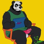 anthro balls black_body bodily_fluids bottomless bottomless_anthro bottomless_male chair clothed clothing erection fur furniture genital_fluids genitals holding_object holding_tablet humanoid_genitalia humanoid_penis male overweight overweight_male penis precum shirt simple_background sitting solo tablet topwear yetsu yetsupanda bear giant_panda mammal 1:1 digital_media_(artwork) hi_res