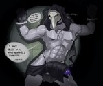 abs balls bdsm beak big_balls big_penis breasts clothing collar cuff_(restraint) dialogue genitals gloves handcuffs handwear humanoid_genitalia humanoid_penis male metal_cuffs muscular penis plague_doctor restraints solo text orfiarts orfisimping scp_foundation scp-049 avian bird humanoid absurd_res english_text hi_res