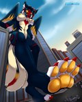 4_toes 5_tails anthro anthrofied areola breast_grab breasts building city claws cloud feet female fur group hand_on_breast larger_anthro larger_female looking_down looking_up macro male micro multi_tail multicolored_body multicolored_fur nipples pawpads size_difference size_play sky skyscraper smaller_anthro smaller_male tail toe_claws toes wings mallowchu okuri_(orionmechadragon) canid canine canis mammal reptile scalie snake wolf 2023 artist_name digital_media_(artwork) hi_res watermark