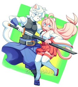 anthro blue_eyes duo female fur male male/female melee_weapon pink_body pink_fur sword weapon white_body white_fur zipskyblue akira_(zipskyblue) meredith_(zipskyblue) felid feline mammal absurd_res hi_res