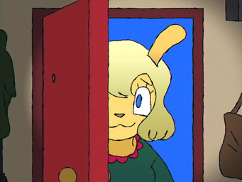 anthro blue_eyes clothing dialogue door eyebrows female first_person_view green_clothing hair hand_on_leg hand_on_thigh lamp long_ears looking_at_viewer open_door short_hair smile social_worker solo teeth text kid_wizard katy_(kid_wizard) lagomorph leporid mammal rabbit 4:3 animated english_text hi_res huge_filesize long_playtime sound video