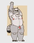 anthro balls belly body_hair butt foreskin fur genitals hair humanoid_genitalia humanoid_penis male moobs multicolored_body multicolored_fur nipples nude overweight overweight_anthro overweight_male penis pubes simple_background solo stretching stretching_back tail teeth_showing thick_thighs ruffonaut canid canine mammal digital_media_(artwork) hi_res