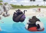 anthro belly belly_overhang big_belly big_butt black_body black_fur butt clothed clothing detailed_background dialogue duo fur huge_belly huge_butt hyper hyper_belly love_handles male moobs morbidly_obese obese obese_male outside overweight overweight_male sand speech_bubble splash standing swimwear text thick_thighs topless water white_body white_fur sugarboy cephy alaskan_malamute canid canine canis domestic_dog felid mammal nordic_sled_dog pantherine spitz english_text