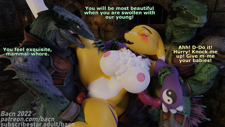 anthro armor balls begging big_breasts blush breasts breeding_slave claws clothed clothing collar detailed_background dialogue dungeon erection female gangbang genitals group group_sex happy happy_sex held_up huge_breasts impregnation impregnation_attempt impregnation_request inside knot male male/female male_penetrating nipples nude open_mouth partially_clothed penetration penis secretly_loves_it sex slave stated_maternity text threesome tongue topless trio vaginal vaginal_penetration white_body bacn bandai_namco digimon soul_calibur renamon_(bacn) canid canine digimon_(species) lizardman mammal renamon reptile scalie 16:9 2022 3d_(artwork) digital_media_(artwork) english_text hi_res url widescreen