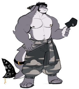anthro body_hair bottomwear chest_hair clothing facial_hair feet fin hat headgear headwear male musclegut muscular nipples non-mammal_nipples pants shirtless_anthro shirtless_male tail toes noofs gale_(noofs) aquatic fish shark hi_res source_request