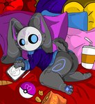 anthro bed beverage blue_eyes bottomless butt carrot chips_(food) clothed clothing drawing_tablet female food fur furniture grey_body grey_fur looking_at_viewer love_ball markings mask on_bed pawpads paws pillow plant pokeball scut_tail short_tail solo spiral_eyes stylus sweater sweater_only tail thick_thighs topwear topwear_only vegetable elchuydra nintendo pokemon tochtli lagomorph leporid mammal rabbit 2023 hi_res