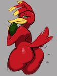 anthro beak big_butt butt curvy_figure dipstick_feathers egg explosives feathers female flat_chested green_eyes grenade grey_background half-closed_eyes holding_grenade holding_object holding_weapon looking_back looking_down narrowed_eyes nude red_body red_feathers simple_background solo tail tail_feathers thick_thighs weapon winged_arms wings yellow_beak whatpanda banjo-kazooie rareware kazooie avian bird breegull digital_media_(artwork)