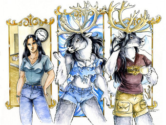 angry anthro base_one_layout basic_sequence beverage black_hair bottomwear breasts camel_toe clenched_teeth clock clothing denim denim_bottomwear denim_clothing female group hair human_to_anthro inside jeans linear_sequence long_hair navel one_row_layout outside pants shirt species_transformation teeth three_frame_image three_frame_sequence topwear torn_clothing transformation transformation_sequence heather_bruton deer human mammal new_world_deer reindeer 2007 sequence traditional_media_(artwork)