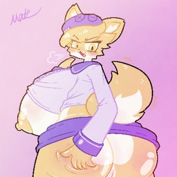 5_fingers anthro areola big_breasts big_butt biped blonde_hair blush bottomwear breasts breath butt clothed clothing cute_fangs eye_through_hair eyebrows eyelashes facial_tuft fangs female fingers fur genitals gradient_background hair hand_on_butt hat headgear headwear huge_breasts ineffective_clothing looking_back narrowed_eyes nipples no_underwear open_mouth open_smile pointy_ears prick_ears purple_clothing rear_view simple_background smile solo tail teeth topwear translucent translucent_hair tuft vulva wide_hips yellow_body yellow_ears yellow_eyes matz_(pixiv) canid canine fox mammal 1:1 2023 aliasing digital_drawing_(artwork) digital_media_(artwork) hi_res signature