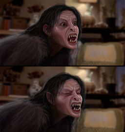 all_fours black_hair bodily_fluids detailed_background female fur fur_growth furniture growth hair hair_growth living_room nude pointy_ears prick_ears realistic sharp_teeth snout snout_growth sofa solo species_transformation sweat table teeth transformation liminalbean an_american_werewolf_in_london mythology canid canine mammal mythological_canine mythological_creature werecanid werecanine werecreature werewolf absurd_res comic detailed hi_res