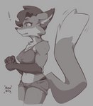 anthro bodily_fluids bottomwear breasts chest_tuft clothing exclamation_point female grey_background leg_markings markings medium_breasts nipple_outline open_mouth shorts side_view simple_background socks_(marking) solo surprise sweat topwear tuft mewmus honey_(mewmus) canid canine fox mammal 2022