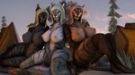 anthro clothing female group hoodie legwear looking_at_viewer nude outside stockings topwear trio nofnom nofurynomad microsoft the_elder_scrolls felid khajiit mammal 16:9 3d_(artwork) digital_media_(artwork) hi_res source_filmmaker_(artwork) widescreen