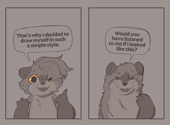 ambiguous_anthro ambiguous_gender anthro asking asking_viewer claws comic_panel dialogue feral feralized fingers front_view fur hair hair_over_eye looking_at_viewer markings multicolored_body multicolored_fur open_mouth open_smile orange_sclera paws simple_background smile solo speech_bubble teeth text two_panel_image conditional_dnp welwraith erin_(welwraith) gulonine mammal marten mustelid musteline sable_(marten) 2026 comic digital_drawing_(artwork) digital_media_(artwork) english_description english_text hi_res nonbinary_(lore)